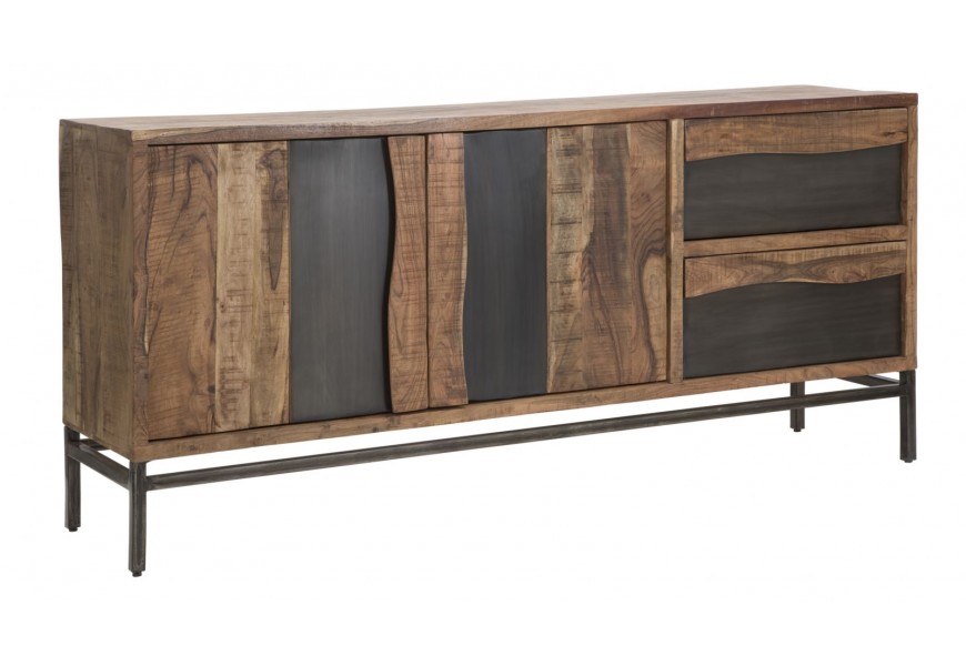 Masívny príborník Berignone v obdĺžnikovom tvare s dvomi dvierkami a dvomi zásuvkami s tmavým hnedým dreveným efektom z akáciového dreva s kovovými nožičkami