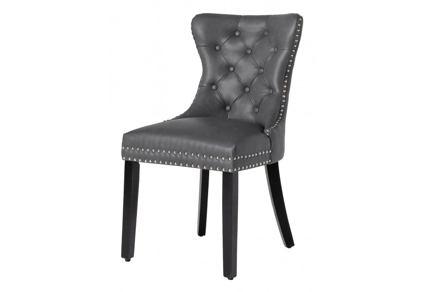 Chesterfield jedálenská stolička Torino s koženým čalúnením v sivej farbe so striebornými nitmi a čiernymi nožičkami 93 cm