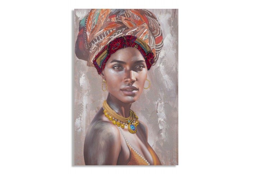 Moderný Obraz Saphira s portrétom ženy v bohato zdobenej šatke a šperkoch v hnedých a zlatých tónoch s textilnými a kovovými detailmi na plátne
