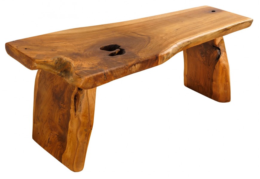 Masívna vidiecka lavica Arbour z teakového dreva s jedinečnou kresbou a asymetrickým dizajnom v teplom hnedom odtieni