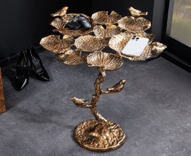 Dizajnový vintage asymetrický príručný stolík Avian v starožitnej medenej farbe s dizajnom listov a vtákov 62 cm