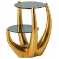 Glamour dvojitý príručný stolík Kalan s nohou v atypickom tvare v zlatej farbe z kovu s dvomi vrchnými okrúhlymi doskami zo skla s efektom zadymenia
