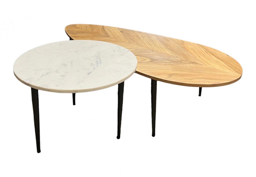 Art deco sada dvoch konferenčných stolíkov Saver v oválnom tvare v bielej farbe so sivými žilkami a z akáciového dreva v hnedej farbe v atypickom tvare listu s nožičkami z kovu v čiernej farbe