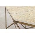 Moderný osemuholníkový travertínový béžový konferenčný stolík Adamantino so zlatou geometrickou kovovou nohou 70 cm