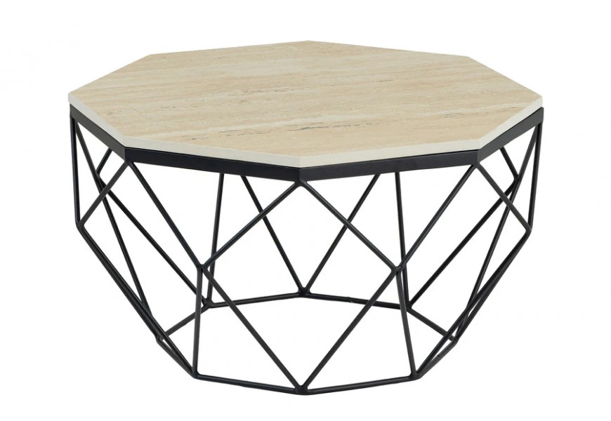 Dizajnový konferenčný stolík Adamantino s vrchnou doskou v osemuholníkovom tvare z travertínu s povrchom z epoxidu s konštrukciou v čiernej farbe s diamantovým vzorom