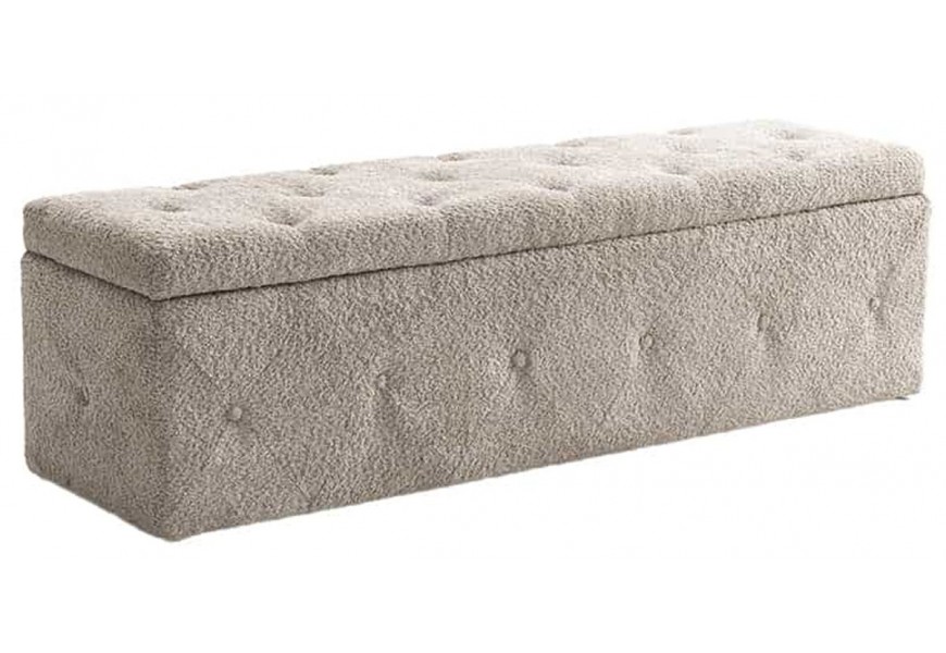 Škandinávska obdĺžniková lavica Aveline s vyklápacím vekom a úložným priestorom s penovým čalúnením a bouclé poťahom v svetlom šampanskom odtieni béžovej a sivej