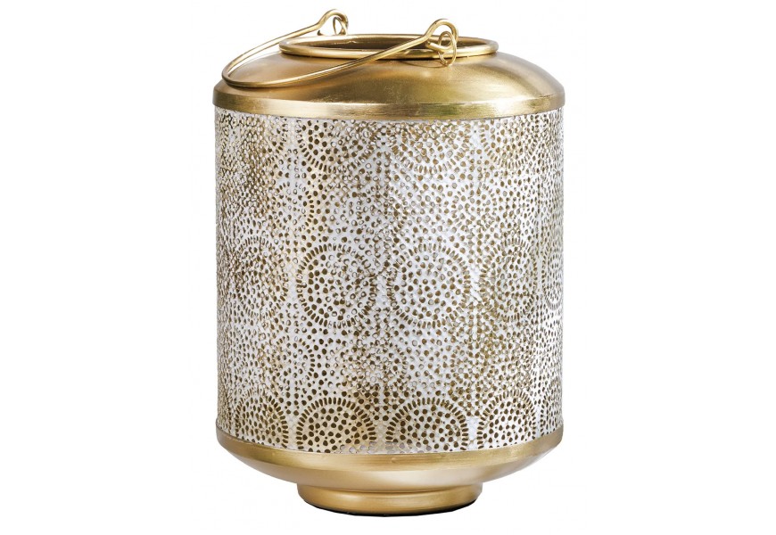 Dizajnový orientálny okrúhly svietnik Sahar z kovu v zlatej farbe s patinou s perforovaným vzorom 25 cm