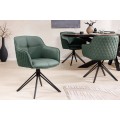 Dizajnová jedálenská otočná stolička Lione  s prešívaným vzorom v zelenej koži s opierkami na ruky s čiernou podstavou 82 cm