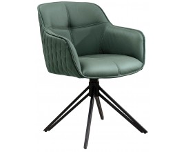 Dizajnová jedálenská otočná stolička Lione  s prešívaným vzorom v zelenej koži s opierkami na ruky s čiernou podstavou 82 cm
