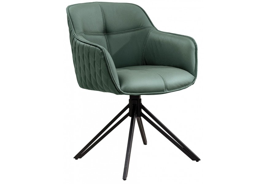 Dizajnová jedálenská otočná stolička Lione  s prešívaným vzorom v zelenej koži s opierkami na ruky s čiernou podstavou 82 cm