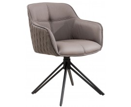Dizajnová jedálenská otočná stolička Lion s opierkami na ruky s prešívaným vzorom v hnedo sivej koži s čiernou podstavou 82 cm