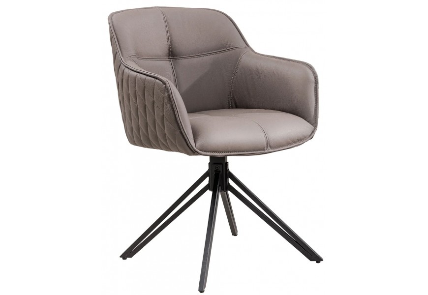 Dizajnová jedálenská otočná stolička Lion s opierkami na ruky s prešívaným vzorom v hnedo sivej koži s čiernou podstavou 82 cm
