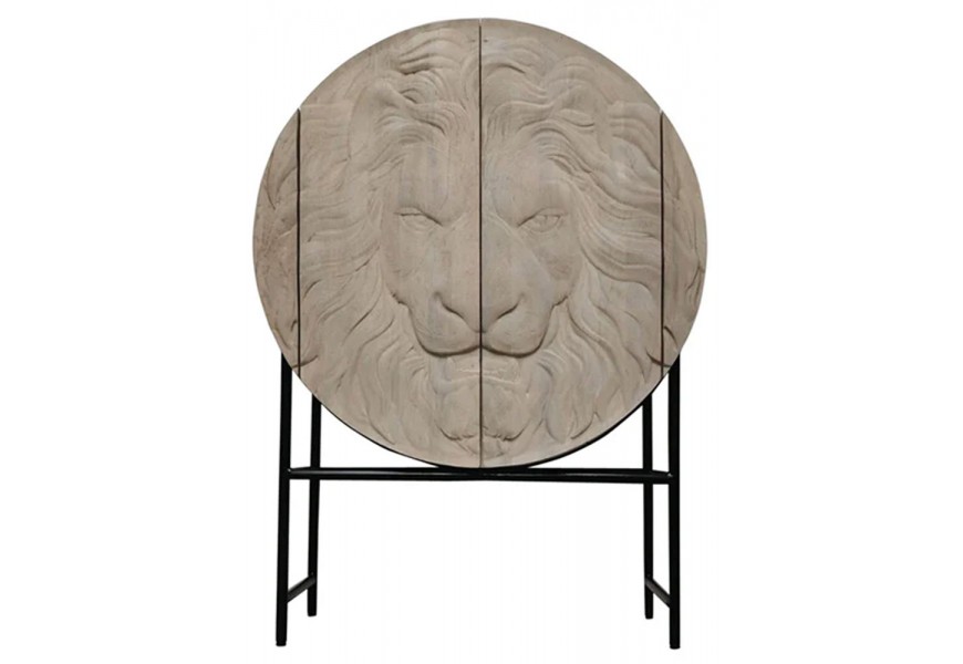 Luxusná industriálna okrúhla barová skrinka Simba z mangového dreva v béžovej farbe s motívom hlavy leva s nožičkami 140 cm 