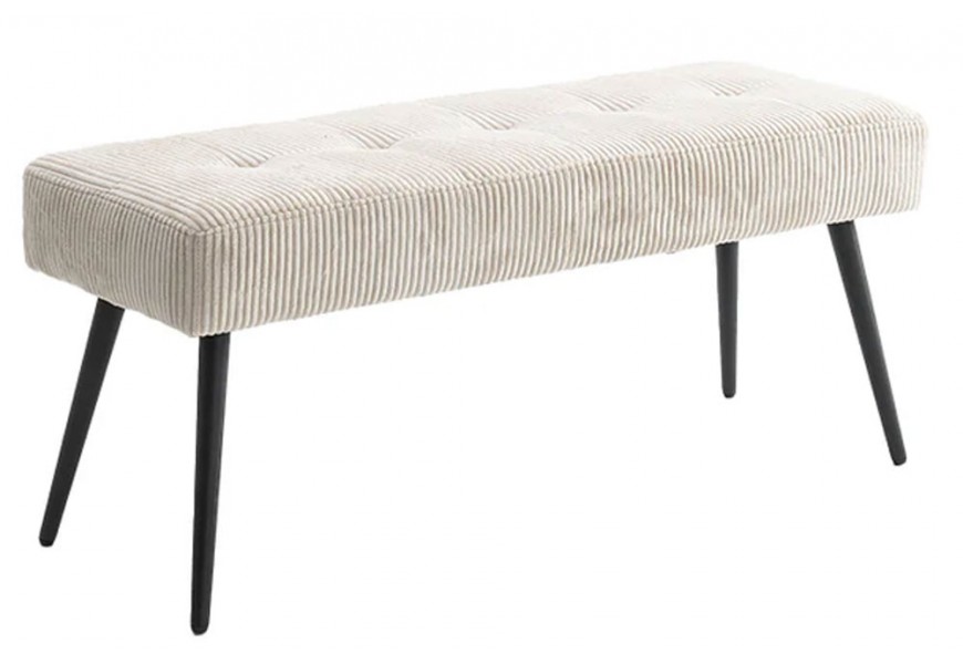 Dizajnová obdĺžniková lavica Soreli s čiernymi kovovými nožičkami s bielym menčestrovým čalúnením s hĺbkovým prešívaním