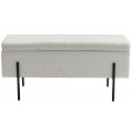 Moderná obdĺžniková lavica s úložným priestorom Irvin s bielym buklé poťahom s čiernymi kovovými nožičkami 100 cm