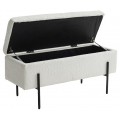 Moderná obdĺžniková lavica s úložným priestorom Irvin s bielym buklé poťahom s čiernymi kovovými nožičkami 100 cm