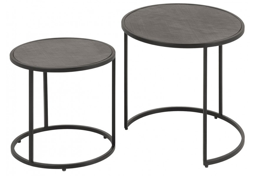 Industriálna sada konferenčných stolíkov Tenebra s tmavo sivými doskami s efektom prírodného kameňa na čiernej kovovej konštrukcii s okrúhlou podstavou