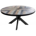 Industriálny okrúhly jedálenský stôl Mavro s mozaikovou doskou v odtieňoch hnedej sivej a čiernej s výrazným vzorom rybej kosti s čiernym rámom a stabilnými kovovými nožičkami