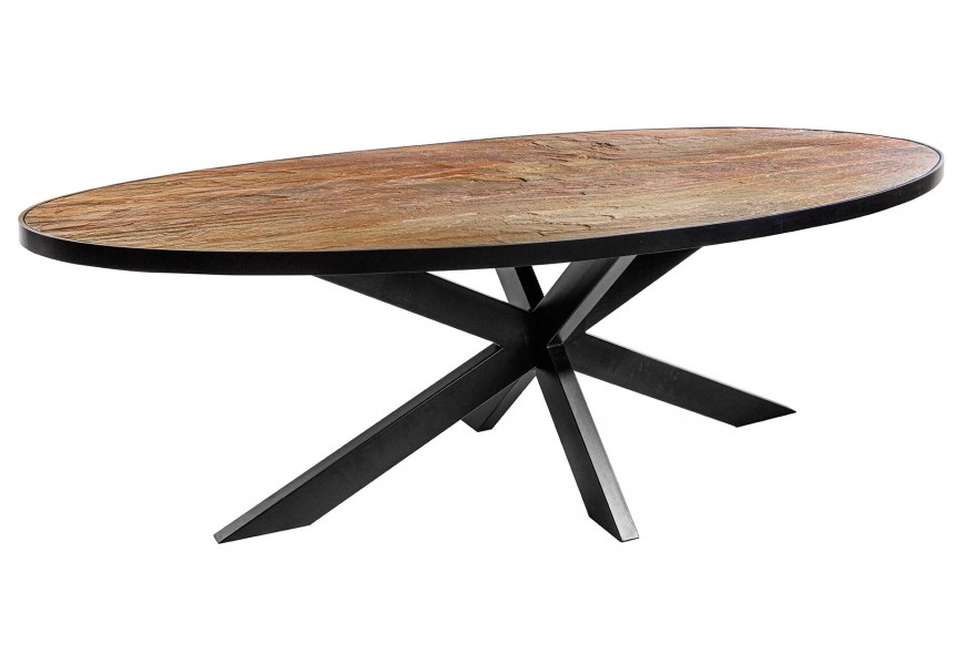 Luxusn&yacute; ov&aacute;lny jed&aacute;lensk&yacute; st&ocirc;l Ravelo s doskou v dizajne pr&iacute;rodn&eacute;ho kameňa hnedo červenej farby s prekr&iacute;žen&yacute;mi nožičkami 240 cm