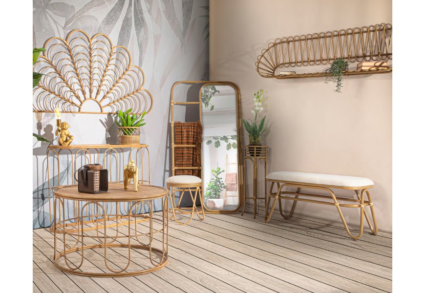 Etno ratanová zostava chodbového nábytku Lania s dizajnom ohýbaného dreva v svetlej hnedej farbe s prírodným výpletom a bielym čalúnením