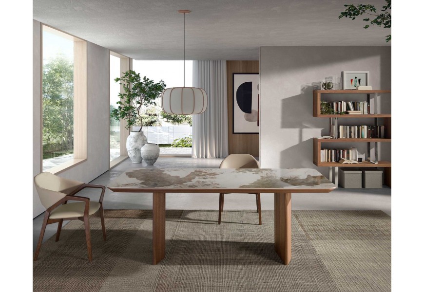 Luxusná moderná zostava jedálenského nábytku Vita Naturale z masívneho dreva v orechovej hnedej farbe s mramorovým akcentom