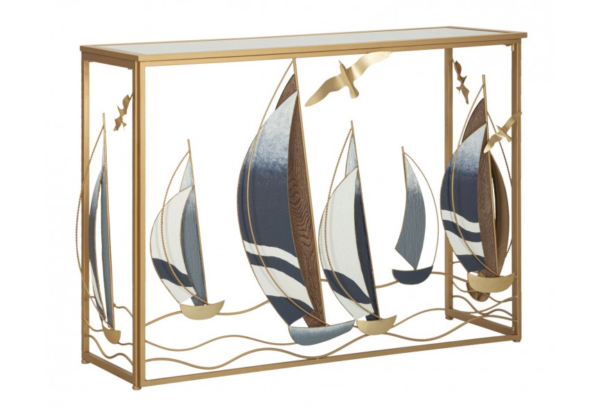 Glamour zlatý konzolový stolík Navale s obdĺžnikovou vrchnou doskou zo zrkadlového skla s kovovou podstavou s dekoráciami v tvare plachetníc v modrej a bielej farbe s naturálnym hnedým dreveným akcentom