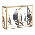 Glamour zlatý konzolový stolík Navale s obdĺžnikovou vrchnou doskou zo zrkadlového skla s kovovou podstavou s dekoráciami v tvare plachetníc v modrej a bielej farbe s naturálnym hnedým dreveným akcentom
