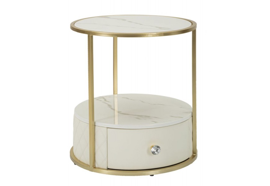 Dizajnový glamour nočný stolík Glamia Tapisé so zásuvkou a policou s béžovým koženým čalúnením mramorovým dizajnom 48 cm