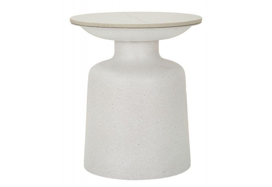 Mramorový minimalistický príručný stolík Edal s doskou v okrúhlom tvare a nohou vo valcovom tvare z keramiky v bielo sivej farbe