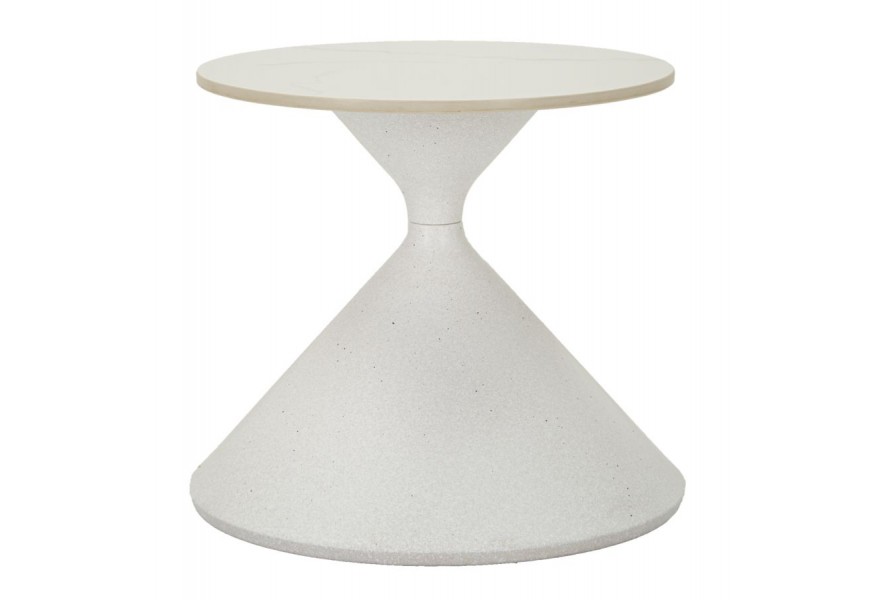 Dizajnový príručný stolík Edal v minimalistickom nádychu s mramorovým vzhľadom z keramiky v bielo sivej farbe s nohou v kužeľovom tvare presýpacích hodín