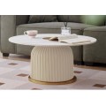 Glamour okrúhly konferenčný stolík Velmara s bielou keramickou doskou v mramorovom efekte a drážkovanou krémovou podstavou 80 cm