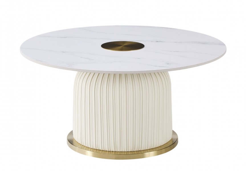 Glamour okrúhly konferenčný stolík Velmara s bielou keramickou doskou v mramorovom efekte a drážkovanou krémovou podstavou 80 cm