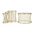 Glamour sada zlatých okrúhlych kovových príručných stolíkov Deli s diamantovým vzorom a sklenenou štruktúrovanou doskou 70 cm 