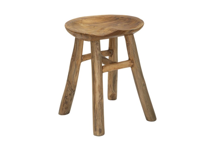 Masívny príručný stolík Lina v okrúhlom tvare so štruktúrou letokruhov v hnedej farbe so štyrmi nožičkami s hladkým povrchom z teakového dreva so spojovacou konštrukciou