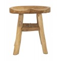 Vidiecka okrúhla hnedá taburetka Mila so štruktúrou letokruhov z teakového dreva so štyrmi nožičkami 42 cm