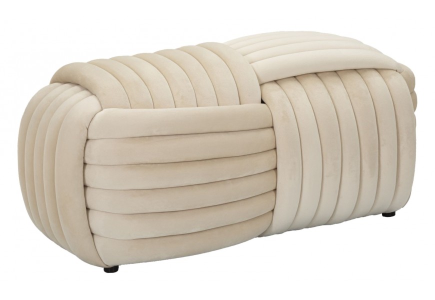 Moderná lavica Nodo v obdĺžnikovom tvare v béžovo krémovej farbe so zamatovým poťahom s čalúnením v tvare klbka na pletenie