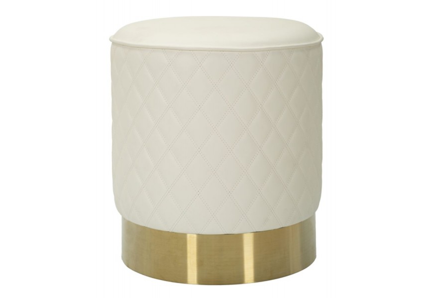 Art deco taburetka Glamia Tapisé v okrúhlom tvare z eko koze s diamantovým vzorom v krémovéj farbe s detailom z kovu v zlatej farbe