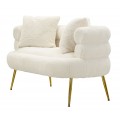 Glamour čalúnená sedačka Taglia s bielym kožušinovým poťahom a dizajnovou opierkou so zlatými nožičkami 133 cm