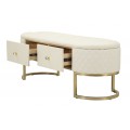 Glamour krémová oválna lavica Glamia Tapisé s koženým poťahom s ozdobným prešívaním s dvomi zásuvkami a zlatou podstavou 120 cm