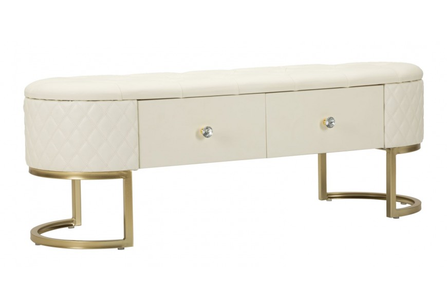 Glamour krémová oválna lavica Glamia Tapisé s koženým poťahom s ozdobným prešívaním s dvomi zásuvkami a zlatou podstavou 120 cm