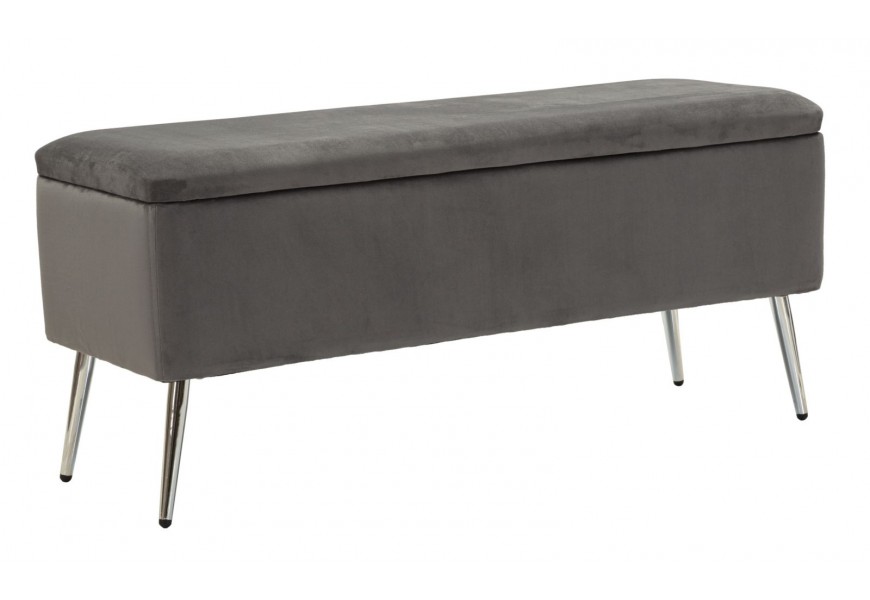 Art deco obdĺžniková zamatová čalúnená sivá lavica Malia s úložným priestorom a kovovými striebornými nožičkami 112 cm