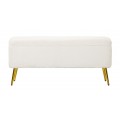 Art deco obdĺžniková kožušinová čalúnená biela lavica Pasil s úložným priestorom a zlatými kovovými nožičkami 112 cm