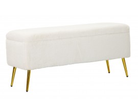 Art deco obdĺžniková kožušinová čalúnená biela lavica Pasil s úložným priestorom a zlatými kovovými nožičkami 112 cm