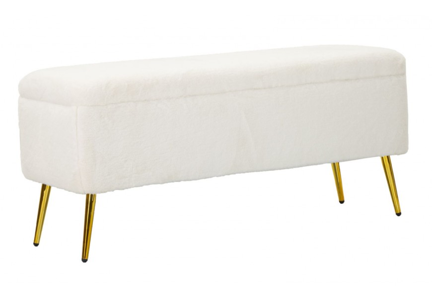 Glamour lavica Pasil v obdĺžnikovom tvare s úložným priestorom s bielym poťahom a nožičkami z kovu v zlatej farbe s leskom