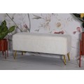 Art deco obdĺžniková kožušinová čalúnená biela lavica Pasil s úložným priestorom a zlatými kovovými nožičkami 112 cm
