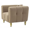 Glamour kreslo Celestia so zamatovým poťahom v svetlo hnedej farbe s vertikálnym prešívaním a zlatými detailmi a vankúšom 97 cm