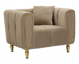 Glamour kreslo Celestia so zamatovým poťahom v svetlo hnedej farbe s vertikálnym prešívaním a zlatými detailmi a vankúšom 97 cm