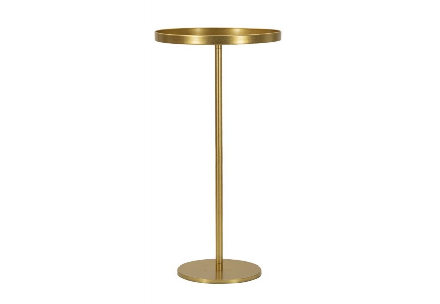 Glamour príručný stolík Relia v okrúhlom tvare v zlatej farbe z kovu s hladkým lesklým povrchom a tenkou stredovou tyčou s dizajnom podnosu