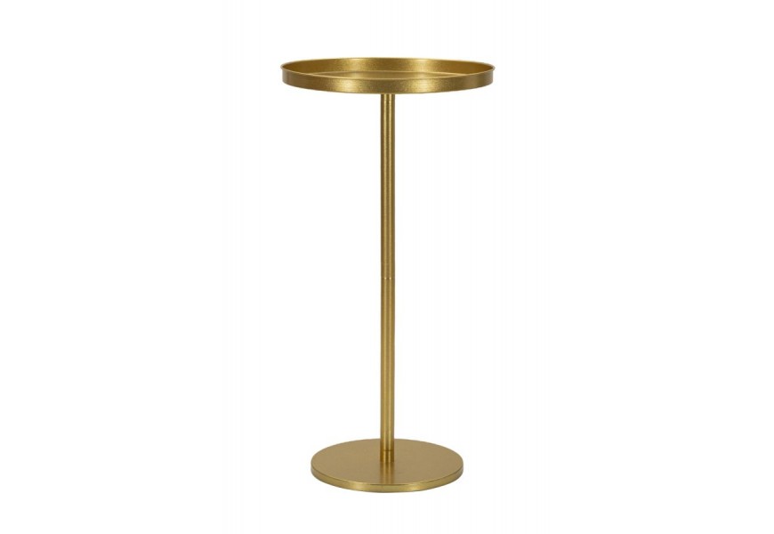 Glamour príručný stolík Relia z kovu s lesklým hladkým povrchom v okrúhlom tvare s doskou s vyvýšeným okrajom a tenkou stredovou tyčou