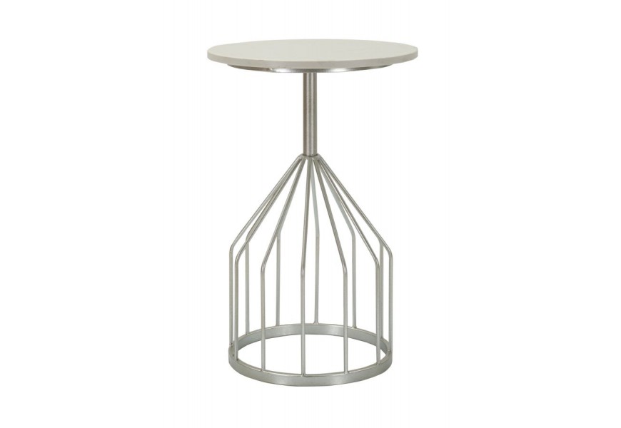 Glamour príručný stolík Kara s vrchnou doskou z mramoru v okrúhlom tvare v bielej farbe so sivými žilkami a atypickou nohou z tyčí z kovu v striebornej farbe